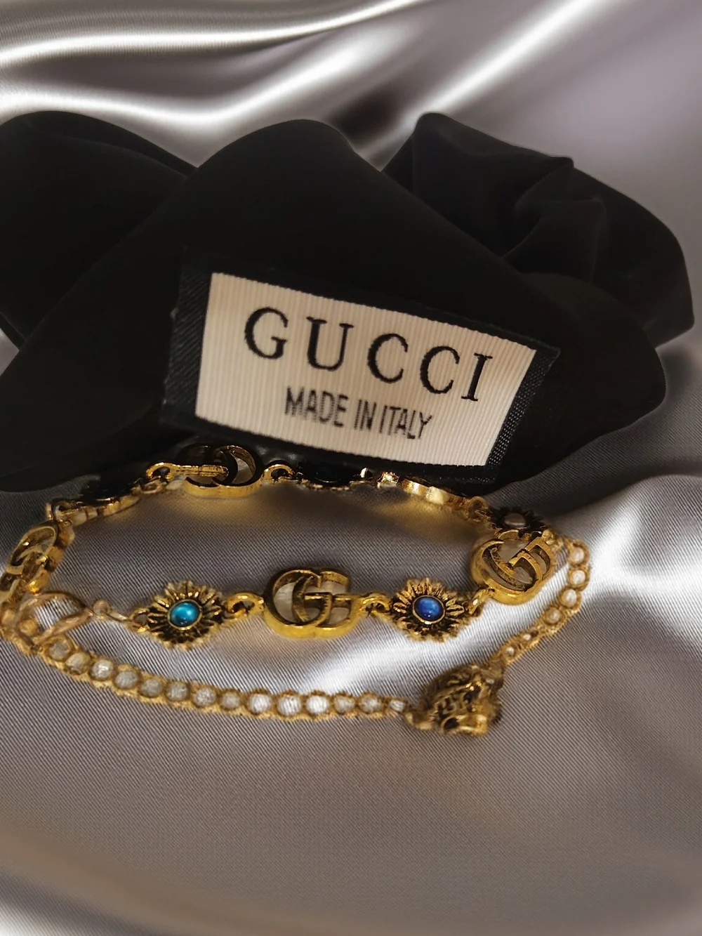 Gucci Black Scrunchie with Gold & Blue Stone Bracelet